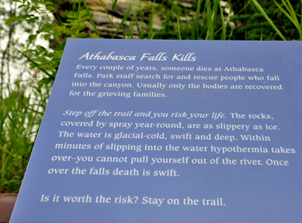 sign - the Athabasca Falls kills