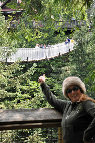 Karen Duquette and a view of the Capilano Bridge from Cliff Hanger area 