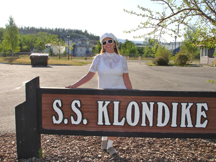 Karen and the sign for S.S. Klondike