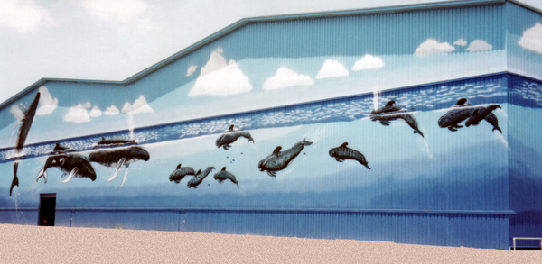 A building in the marina with painted dolphins
