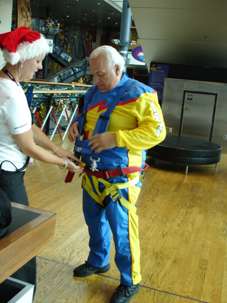 Lee Duquette getting in his jump suit