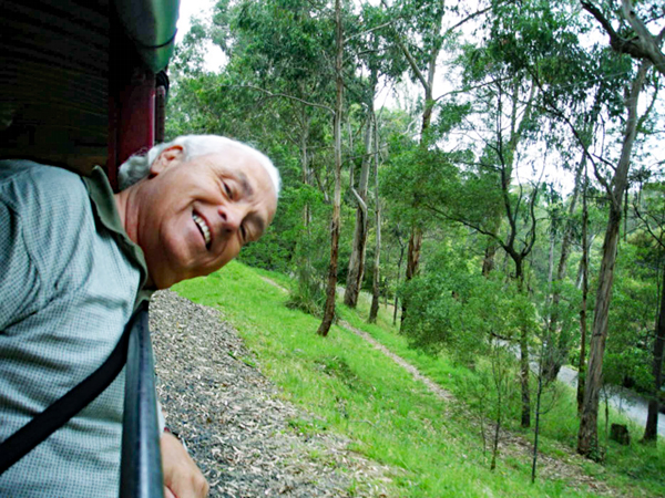 Lee Duquette sticking his head out of Puffing Billy Trai