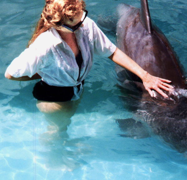 Karen Duquette touching a dolphin