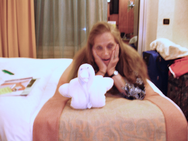 Karen Duquette and a towel animal