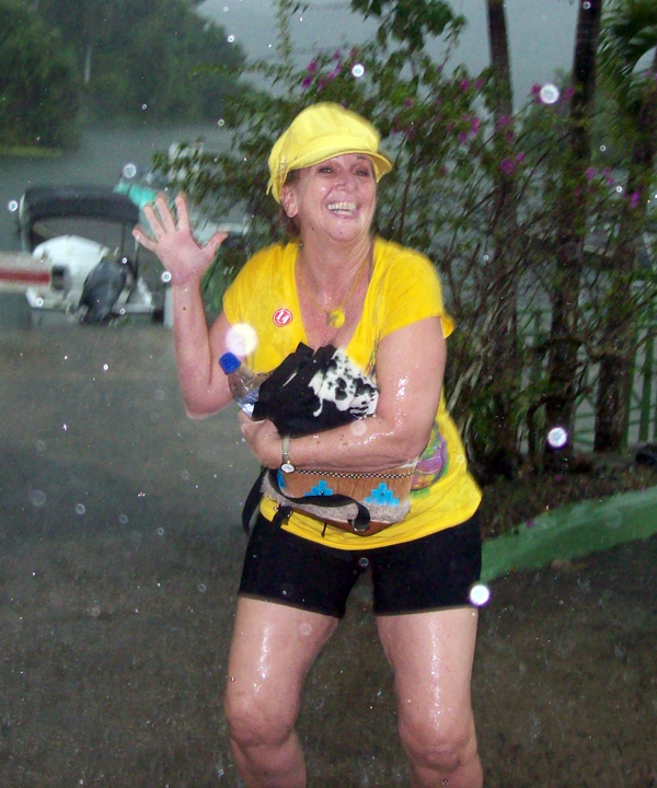Karen Duquette in the rain