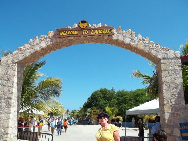 Karen Duquette at the entrance to Labadee, Haiti