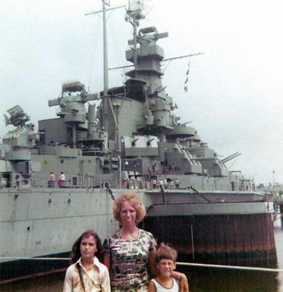 Karen Duquette and her children by the USS Mass in 1975