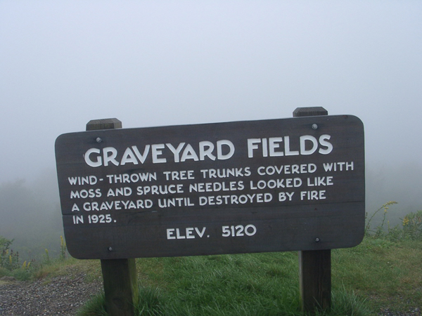 Graveyard Fields sign on Blue Ridge Parkway