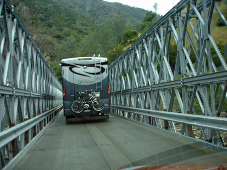 driving the RV on the narrow bridge