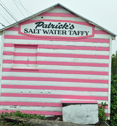 pink and white striped building