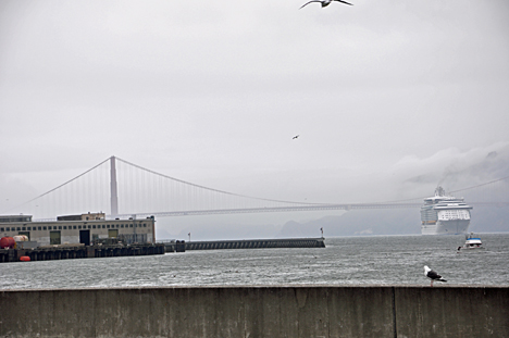the Golden Gate Bridge and a ship