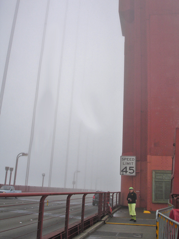 Karen Duquette on  the Golden Gate Bridge at the first tower