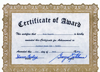 Soccer certificate for Brian Duquette