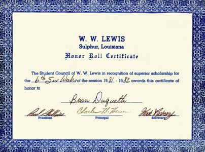 Honor Roll Certificate for Brian Duquette