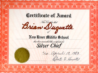 Certificate of Award for Brian Duquette