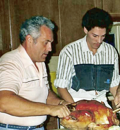 Lee & Brian with the turkey, Thanksgiving 1990